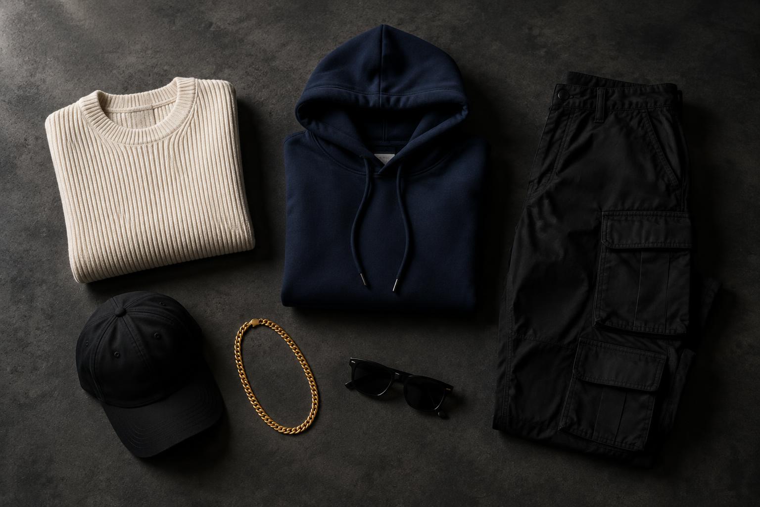 Statement apparel laid out on a dark studio floor